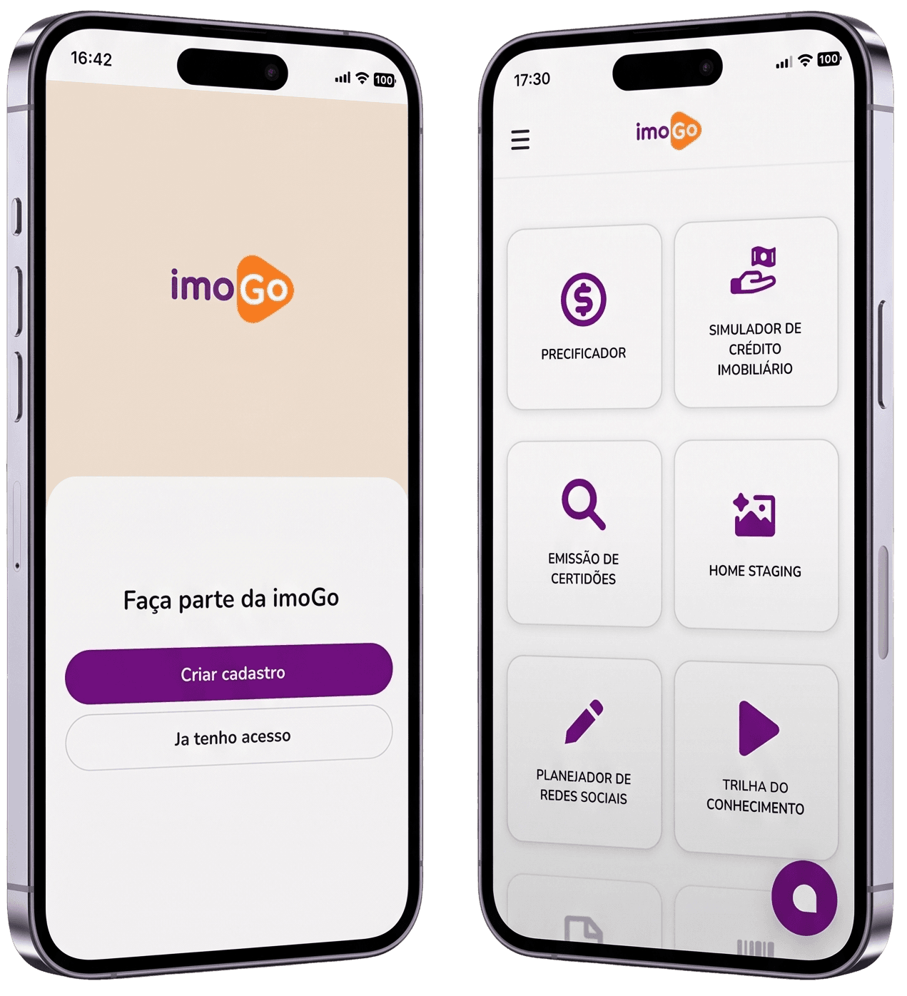 Tela de boas-vindas do aplicativo imoGo em um smartphone